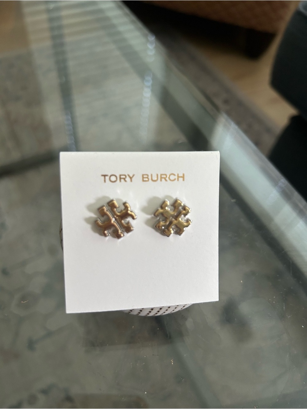 Tory Burch Silver Logo Stud Earrings - Shiny Gold Tone
